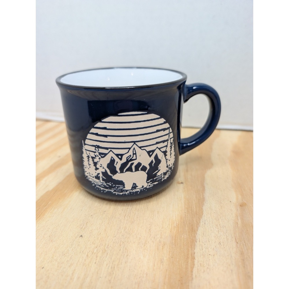 W+W Blue Mug With Bear And Mountains Outdoors‎ Coffee Wilderness